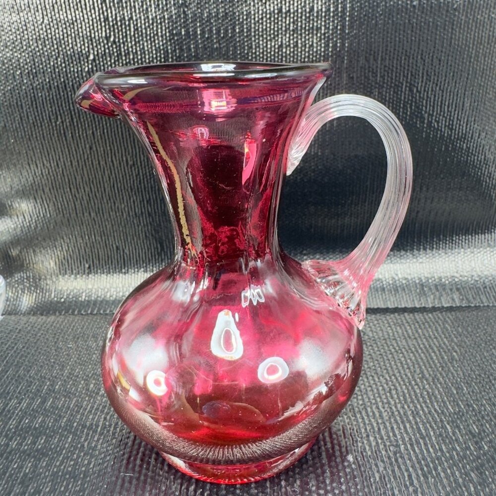 Pilgrim Art Glass Cranberry Pitcher Carafe Jug With Optic Clear Handle Glass VTG